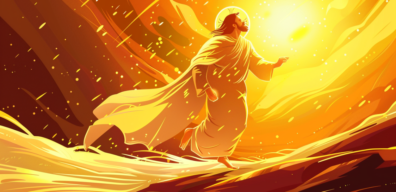 A biblical man running with purpose toward a glowing light, clothed in white with a golden halo, on a radiant path.