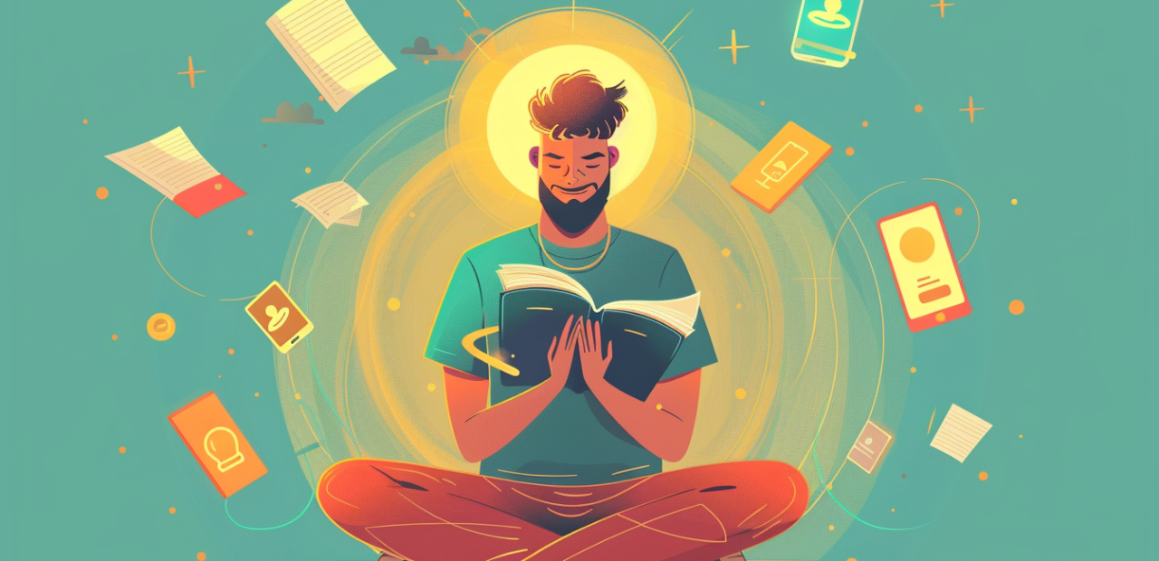 Biblical man sitting cross-legged in prayer, surrounded by digital distractions fading away, with a glowing golden halo.