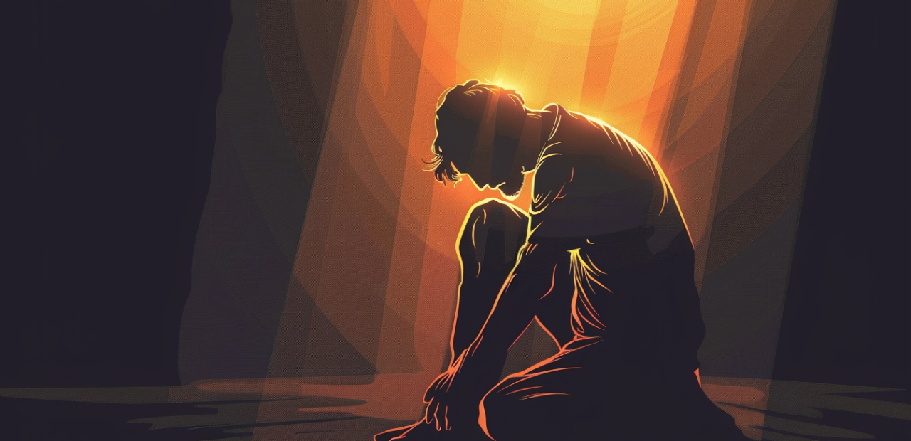 A biblical man sitting with head bowed and hands clasped in prayer, surrounded by darkness with a soft golden light shining down on him.