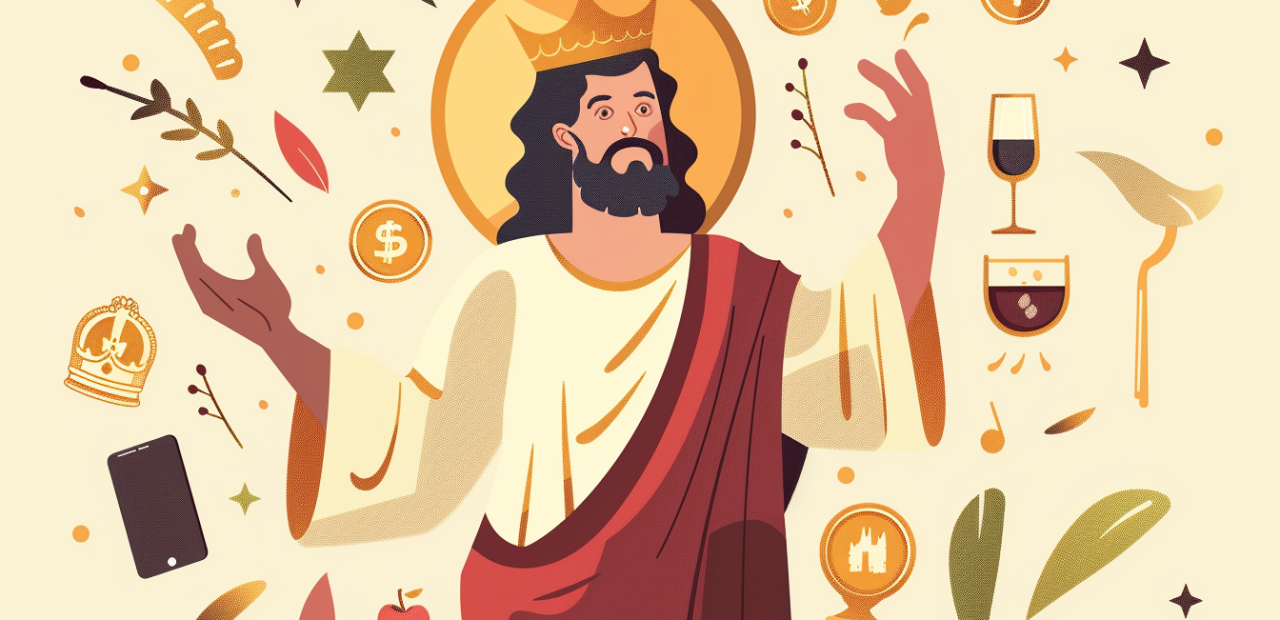 Biblical man standing calmly with one hand raised, surrounded by tempting objects like wine, money, and a crown.