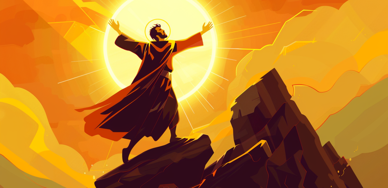 A biblical man standing firm on a rock with arms raised, surrounded by golden light and a glowing halo.