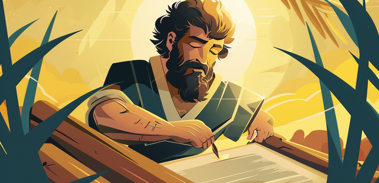 A biblical man working diligently with his hands, writing on a scroll by sunlight, with a glowing halo around his head.