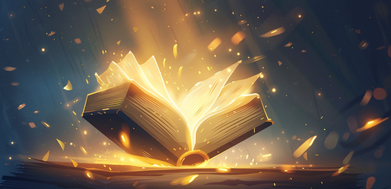 An open glowing Bible floating in midair, radiating golden light and surrounded by sparkling particles.