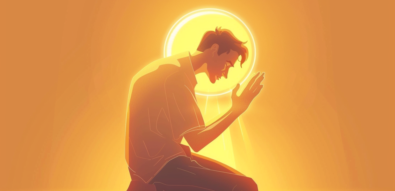A humble biblical man kneeling in prayer with his hands raised and a glowing golden halo behind him.