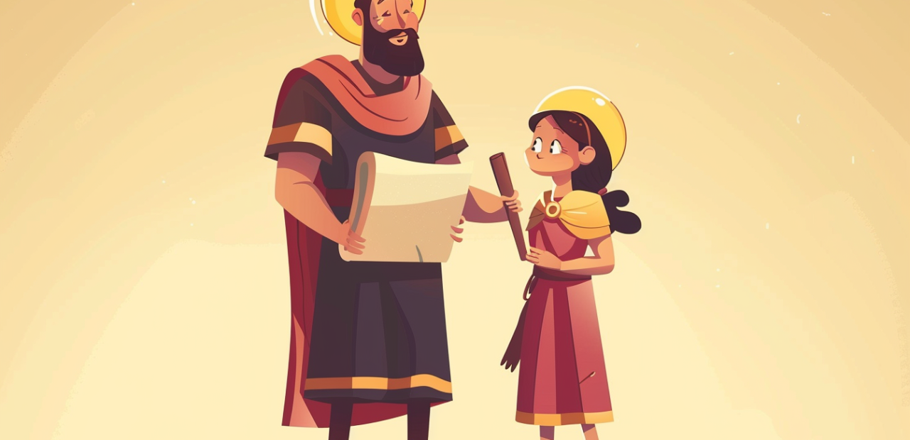 Biblical father joyfully blessing his daughter, both with glowing halos, in a flat icon-style illustration.