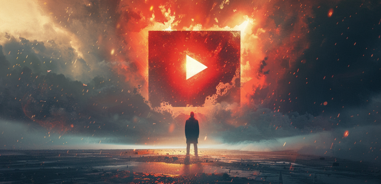 Large glowing red YouTube logo towering above a lone figure, symbolizing digital distraction contrasted with spiritual resistance