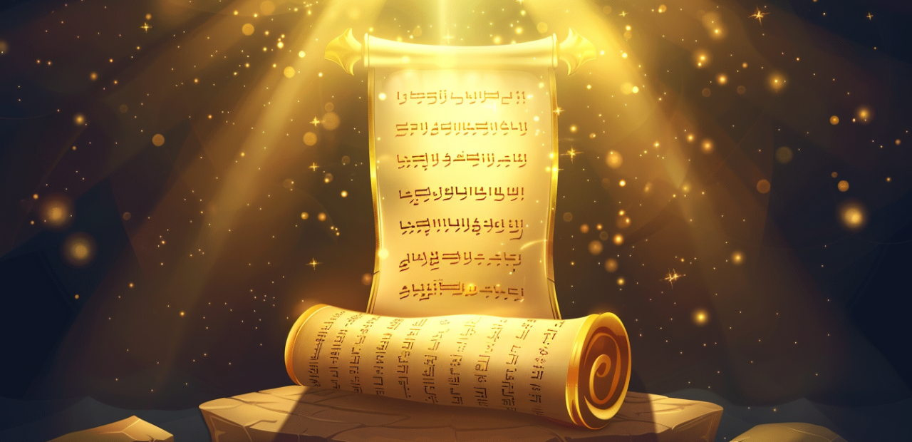 A glowing ancient scroll with Hebrew text, illuminated by golden light from above, resting on a stone surface.
