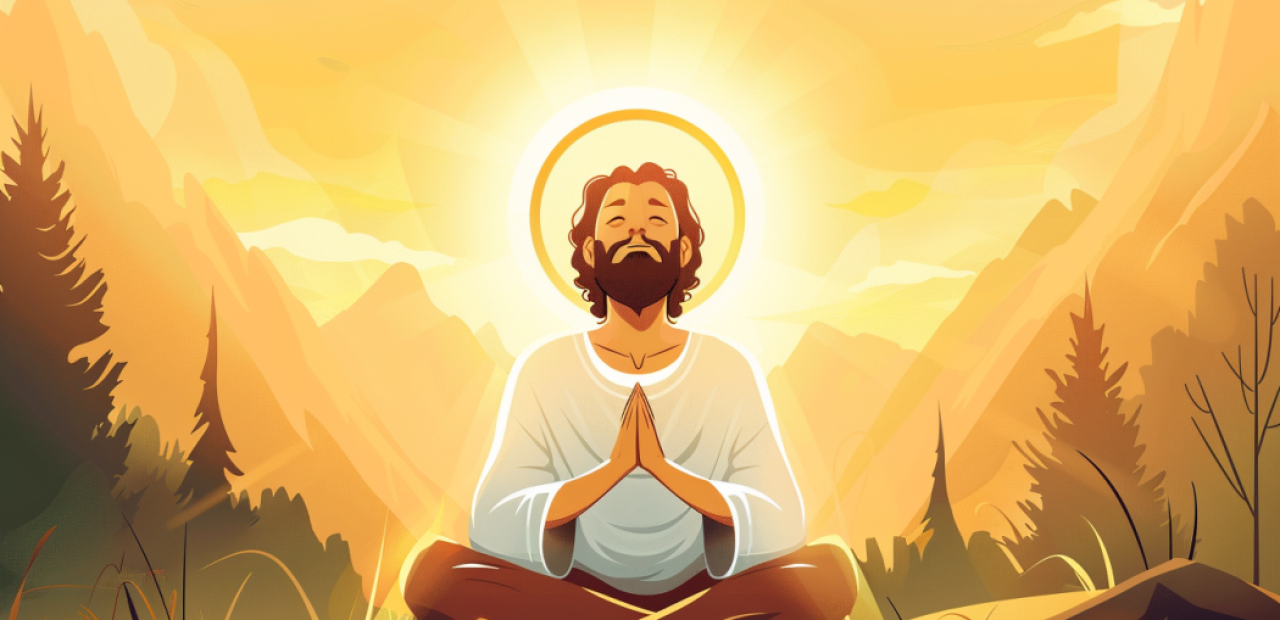 A peaceful biblical man sitting cross-legged in nature with eyes closed in prayer, surrounded by golden sunlight and trees.