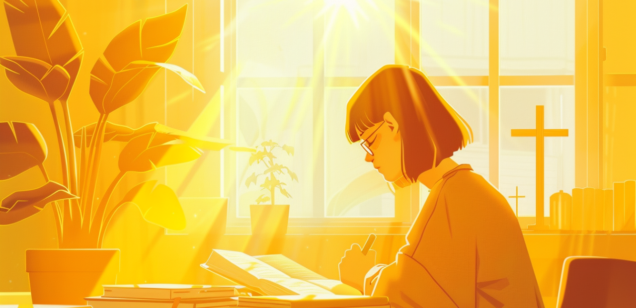 A student studies intently at a desk filled with books, surrounded by warm golden sunlight and a cross in the background.
