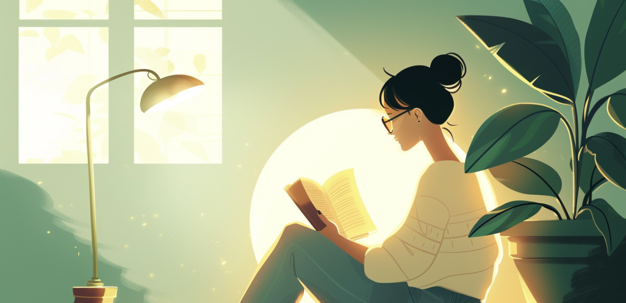 A woman sits peacefully on the floor reading a book, surrounded by soft golden light from a lamp and natural daylight from a nearby window.