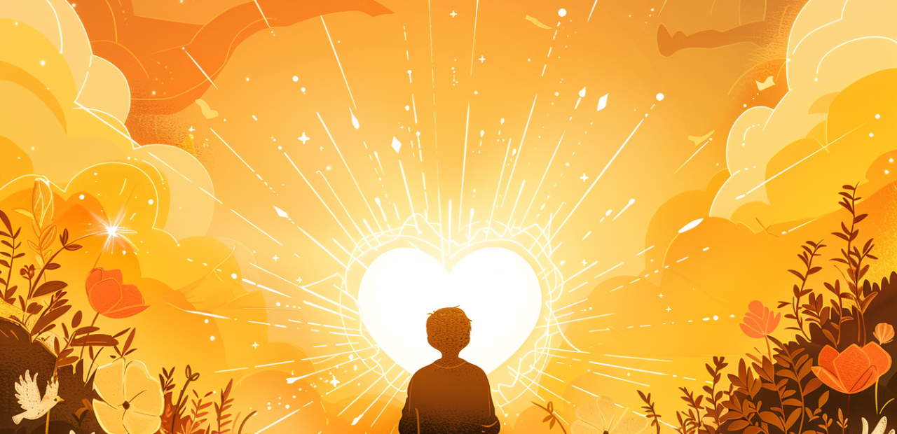 A glowing cartoon-style illustration of a person kneeling in prayer, surrounded by golden light, peaceful doves, and blooming flowers.