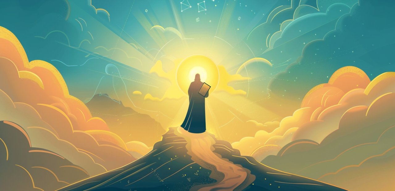 A cartoon-style illustration of a robed figure standing atop a glowing hilltop at sunrise, holding a scroll, bathed in golden light.