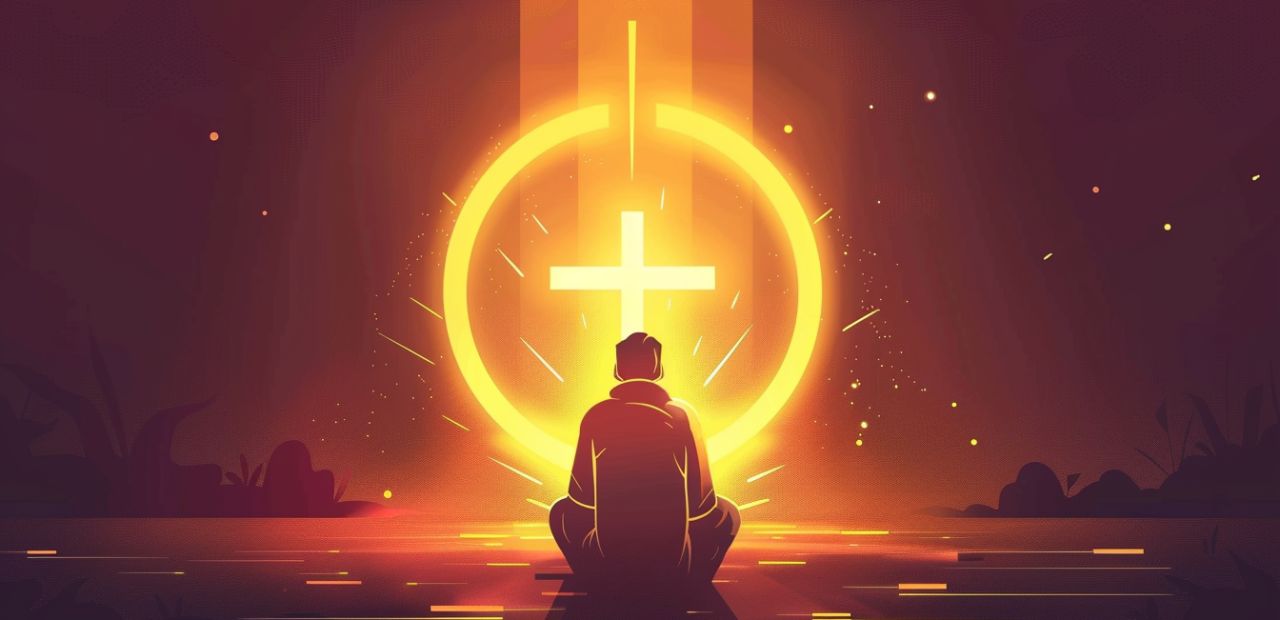 A glowing illustration of a kneeling figure in prayer, halo shining as guilt fades into light at the foot of the cross.