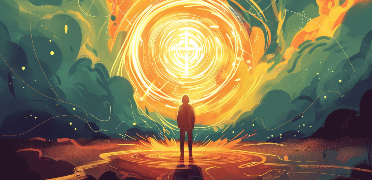 A glowing illustration of a calm figure with a halo standing in the middle of conflict, focused on a radiant cross shining with golden light.