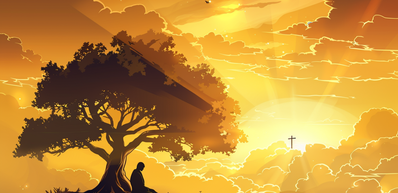 A person sits quietly under a large tree at sunset, surrounded by golden clouds and light, with a distant cross shining on the horizon.