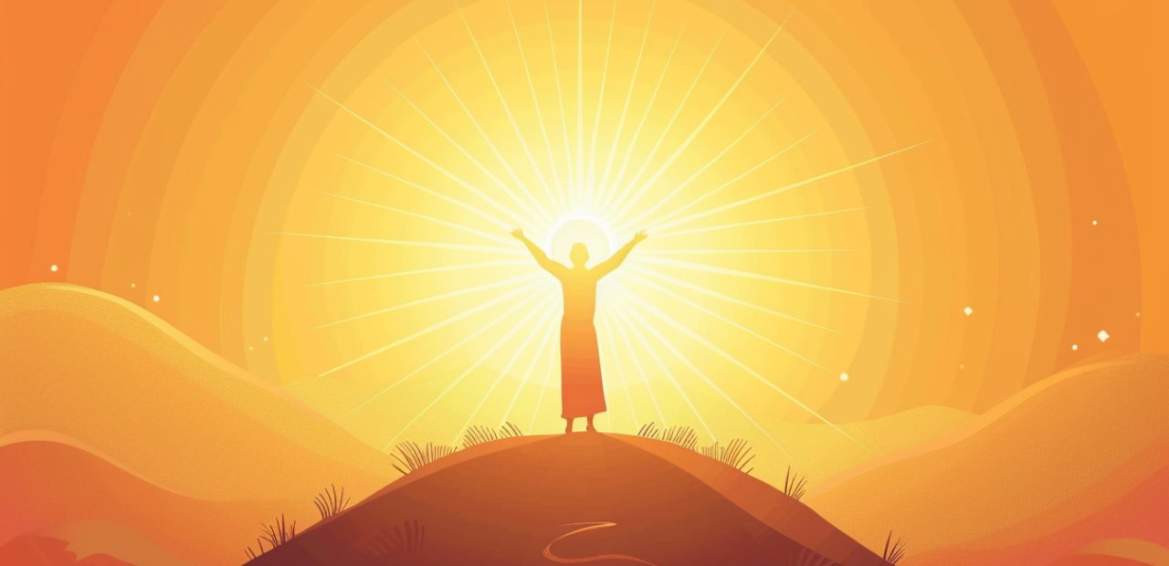 A glowing cartoon-style illustration of a person standing atop a hill with arms raised toward a golden sky, bathed in light and surrounded by peaceful scenery.