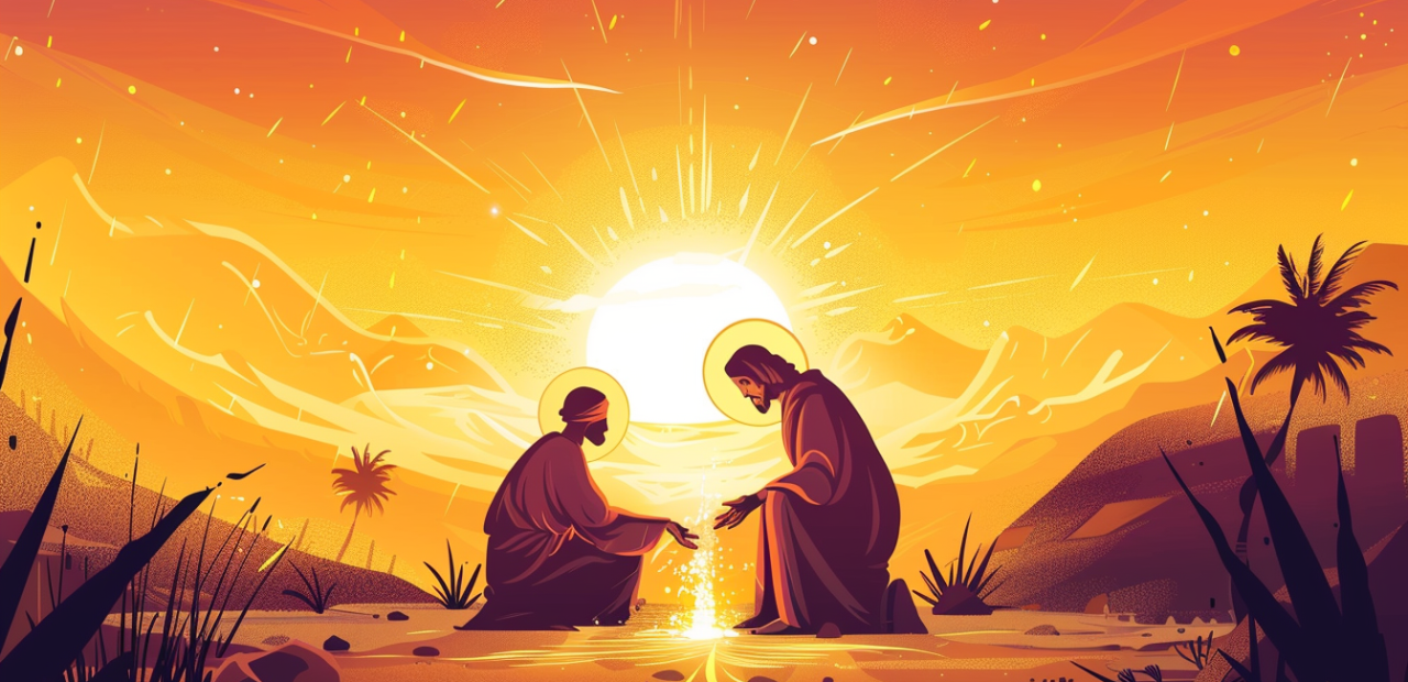 A glowing figure offers water to another kneeling person under a radiant sunset, symbolizing selfless love and biblical compassion.