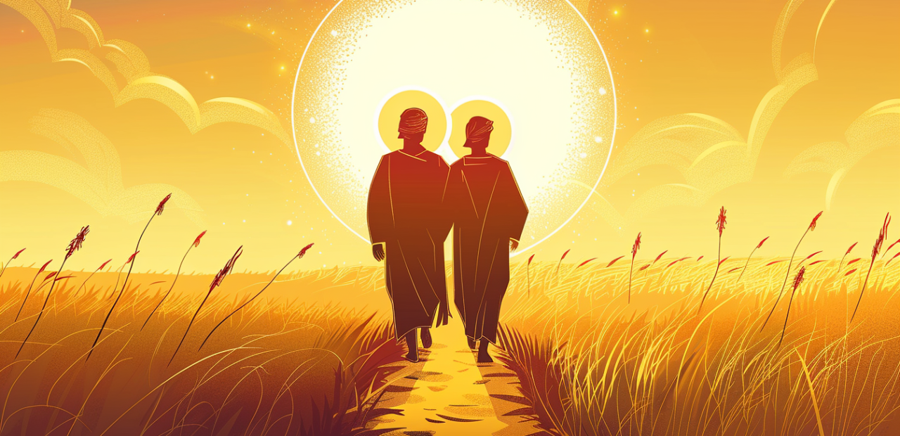 Two brothers walk side by side through a golden field at sunset, with glowing halos and warm light symbolizing biblical brotherhood.