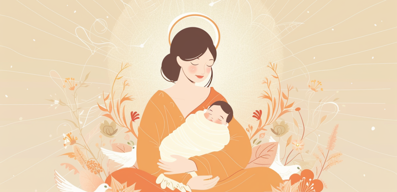 A soft cartoon-style illustration of a glowing new mother holding her baby, surrounded by golden light, floral accents, and peaceful tones.