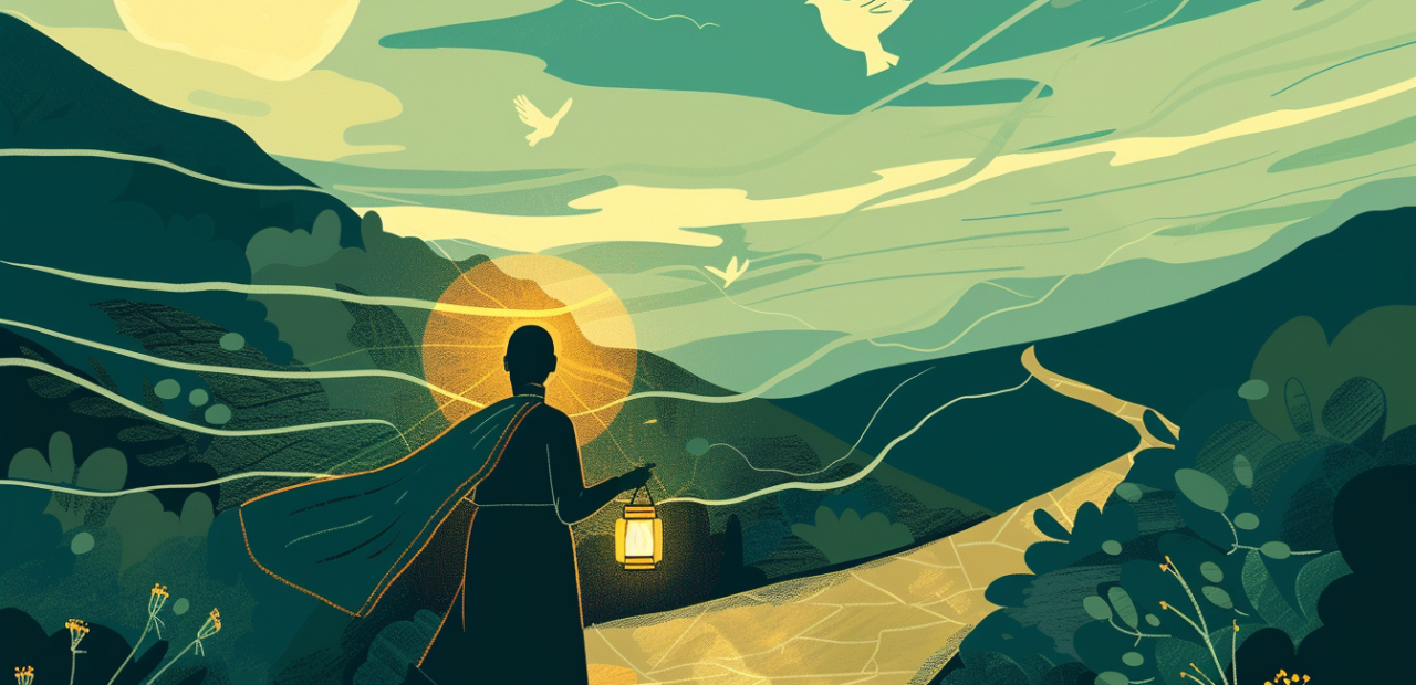 A glowing cartoon-style illustration of a person walking with a lantern and scroll in hand, guided by golden light along a peaceful path with doves flying overhead.