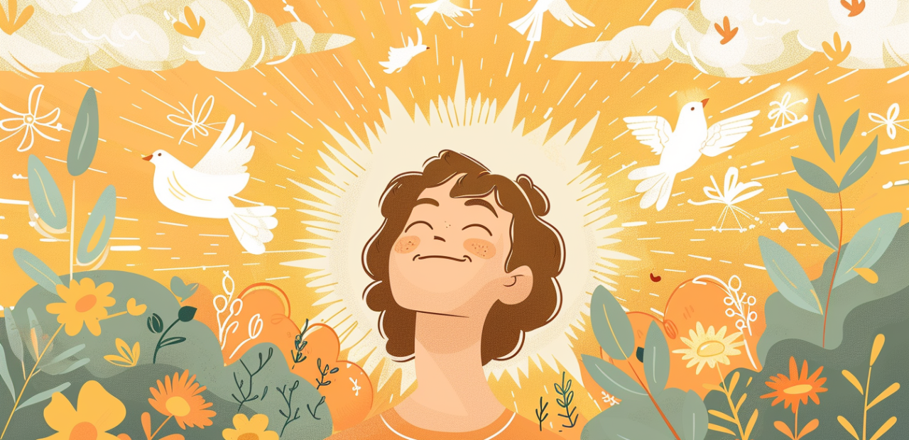 A glowing cartoon-style illustration of a person smiling upward, surrounded by golden flowers, doves, and radiant sunlight breaking through clouds, with sparkles floating in the air.
