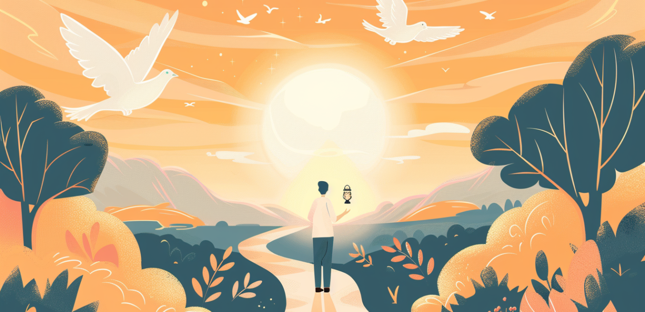 A glowing cartoon-style illustration of a person standing at a forked path with a lantern in hand, golden light above, doves in the sky, and a peaceful natural background.