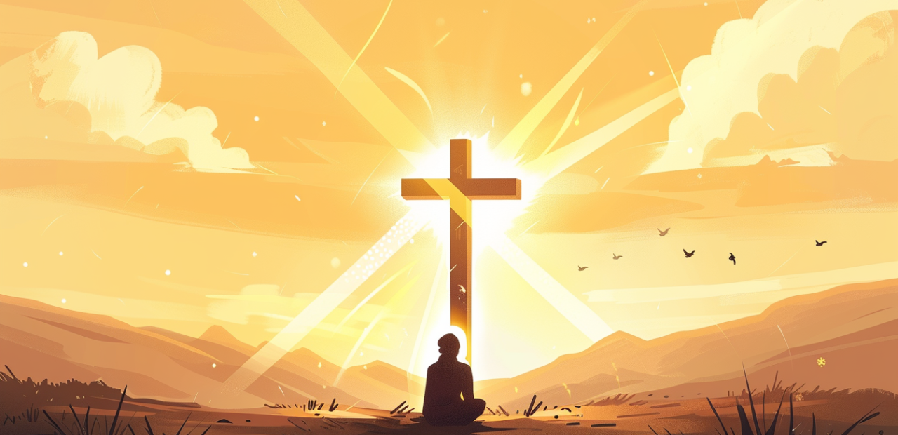 A glowing cartoon-style illustration of a person kneeling in humility before a tall cross, surrounded by golden light, doves, and peaceful hills.