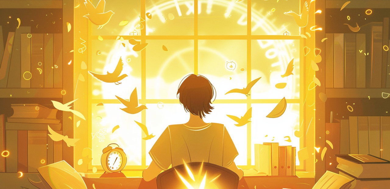 A glowing cartoon-style illustration of a person sitting at a desk with books and a golden clock, bathed in warm light with a halo above their head and doves outside the window.