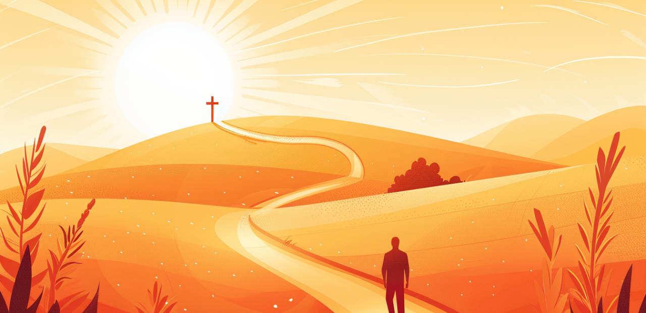 A glowing cartoon-style illustration of a person walking a golden path through fields, with a halo above their head and a cross shining in the distance.