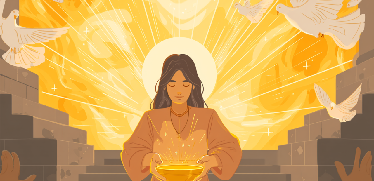A glowing cartoon-style illustration of a person placing an offering into a golden bowl, with warm light shining down, a halo above their head, and doves flying in the sky above a peaceful altar scene.