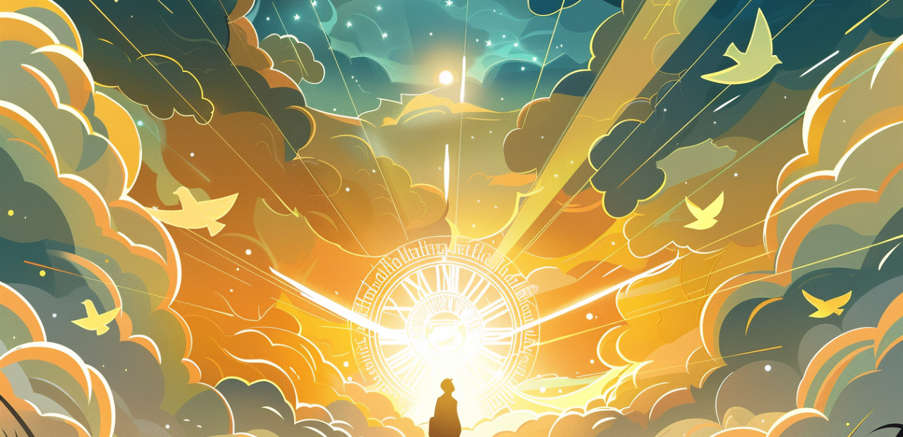A glowing cartoon-style illustration of a person gazing upward at a radiant sky, with beams of light breaking through clouds, doves flying, and a heavenly clock glowing in the distance.