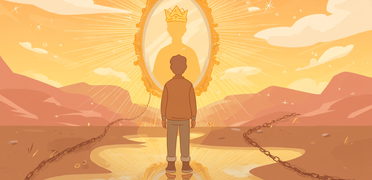 A glowing cartoon-style illustration of a person standing before a radiant mirror that reflects them crowned in light, with broken chains on the ground and golden rays shining all around.