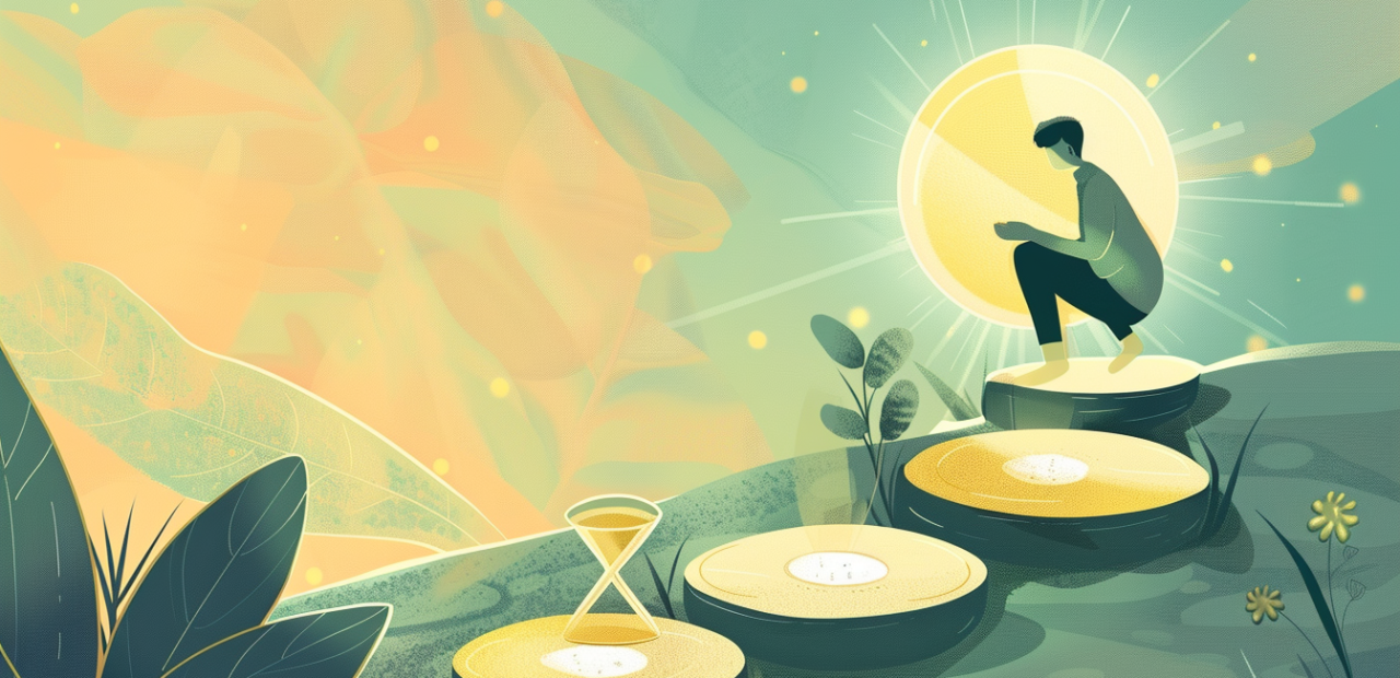 A glowing cartoon-style illustration of a person placing golden stepping stones on a path, with an hourglass in the background and warm morning light surrounding the scene.