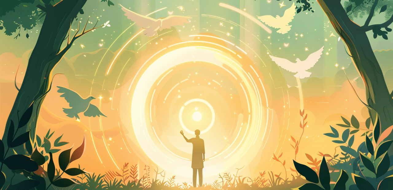 A glowing cartoon-style illustration of a person standing peacefully within a circle of golden light, surrounded by doves and trees, with a halo above their head and a calm, resolute expression.