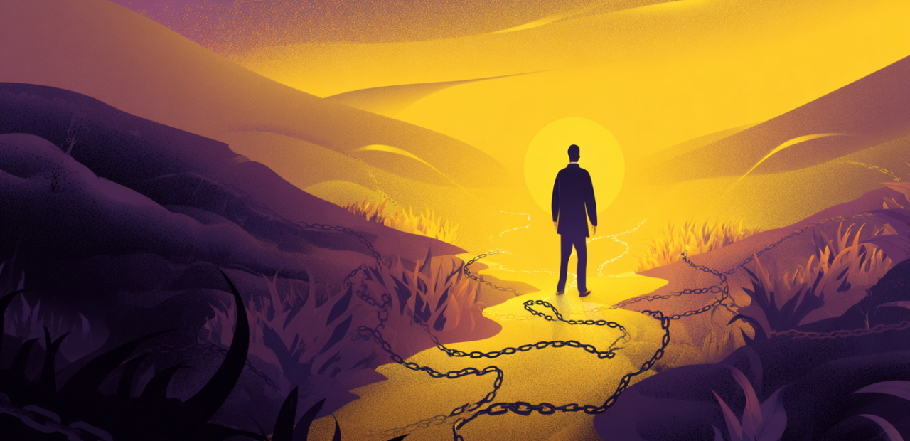 A glowing cartoon-style illustration of a person standing at the edge of a dark valley with broken chains at their feet and dark vines falling away, a soft halo around their head, and golden light shining from behind.
