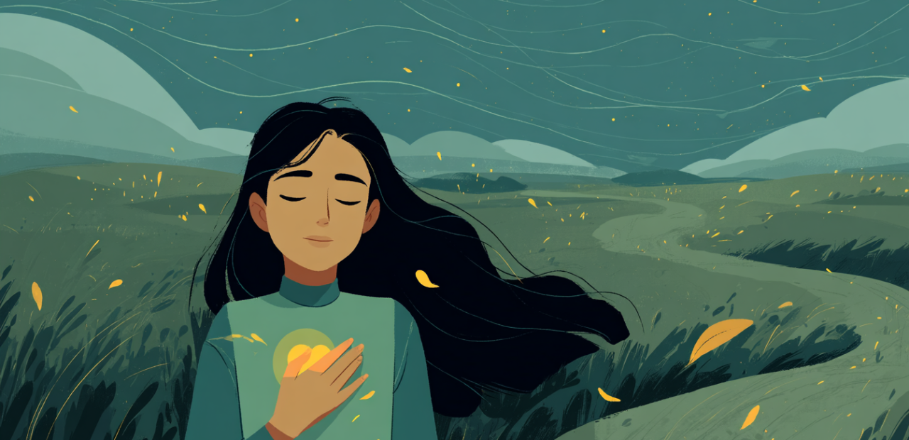 A glowing cartoon-style illustration of a person lying peacefully in a meadow at dusk, with a soft light radiating from their heart, under a calm sky where stars are just beginning to appear.