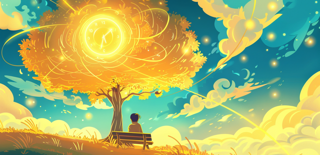 A glowing cartoon-style illustration of a person sitting calmly under a radiant tree, gazing at a golden clock in the sky surrounded by light and clouds.