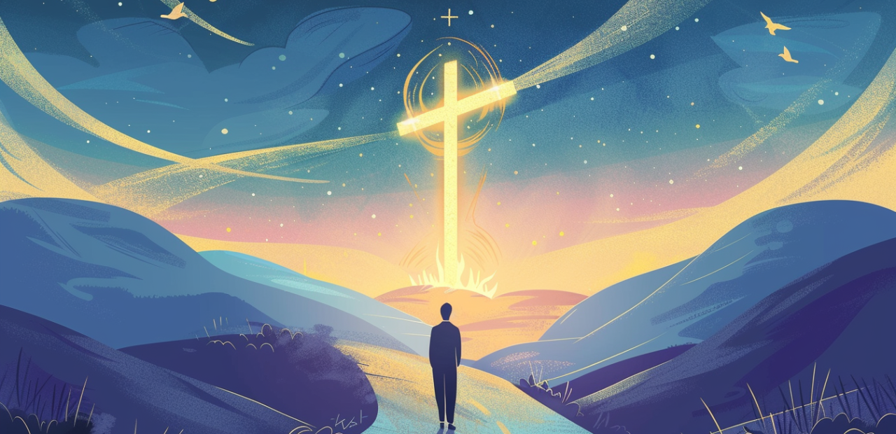 A glowing cartoon-style illustration of a person standing at a crossroads, gazing toward a radiant signpost with one path lit by golden light, doves flying overhead, and a halo above their head.