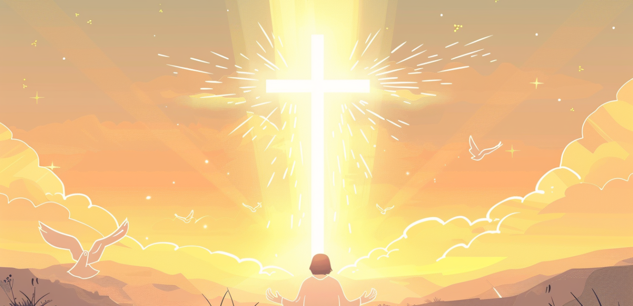 A glowing cartoon-style illustration of a person kneeling with open hands beneath a radiant sky, golden light shining down, with a cross in the distance and doves flying overhead.