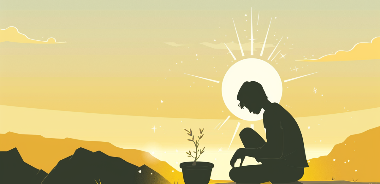 A glowing cartoon-style illustration of a person sitting with head bowed beside a broken pot, as golden light shines down and green sprouts emerge from the ground.