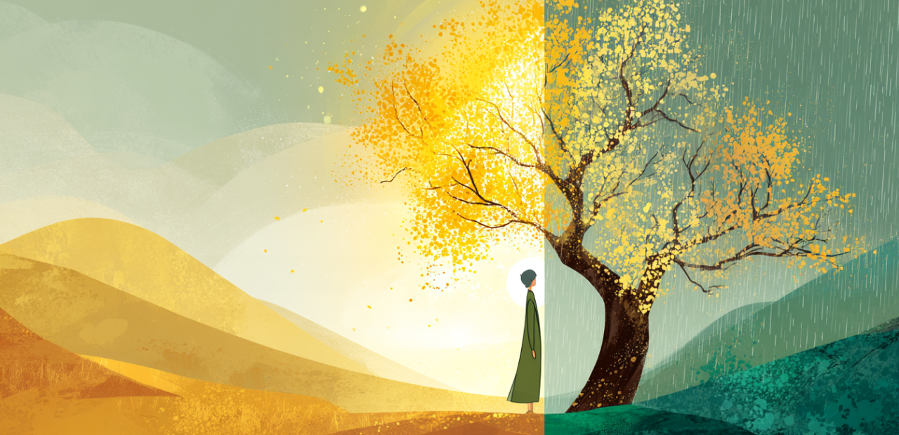 A glowing cartoon-style illustration of a person standing beside a half-withered, half-blooming tree, as golden light and gentle rain restore the landscape around them.