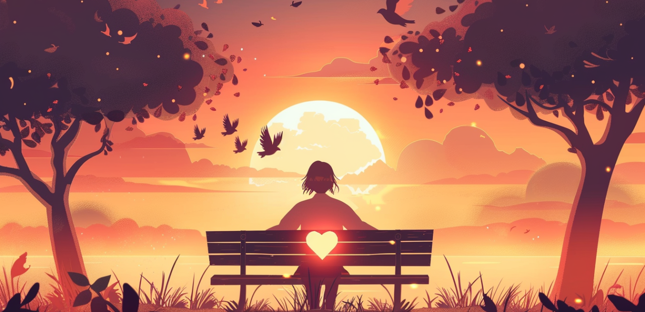 A glowing cartoon-style illustration of a person sitting alone on a bench at sunset, with a soft halo above their head and a faintly glowing broken heart near their chest.