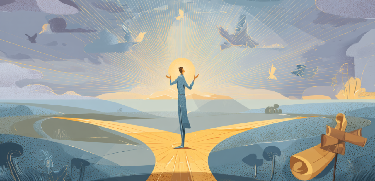 A glowing cartoon-style illustration of a person praying at a radiant crossroads, with golden light illuminating both paths, doves flying above, and symbols of guidance like a scroll and compass nearby.