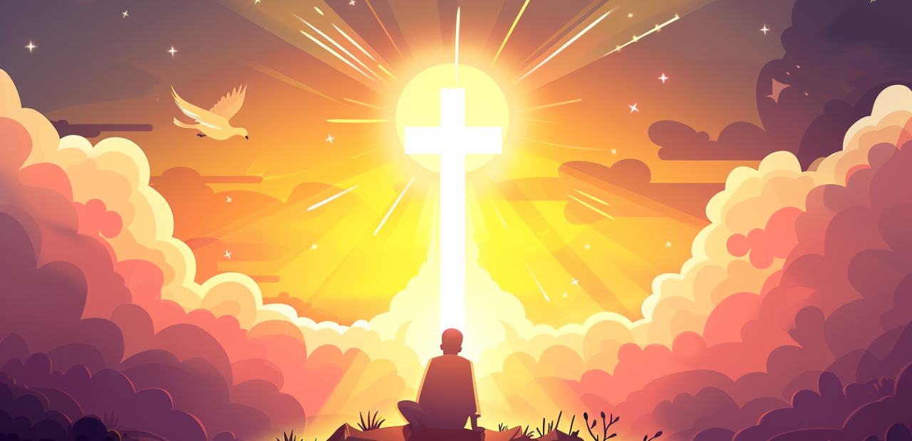 A glowing cartoon-style illustration of a person kneeling before a radiant cross on a hill, bathed in golden light with doves flying overhead and a sunrise sky behind them.