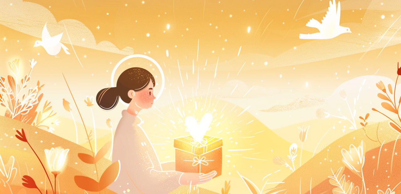 A glowing cartoon-style illustration of a person holding a radiant gift box, surrounded by floating symbols like a heart, dove, flame, and scroll, with golden light shining around them.