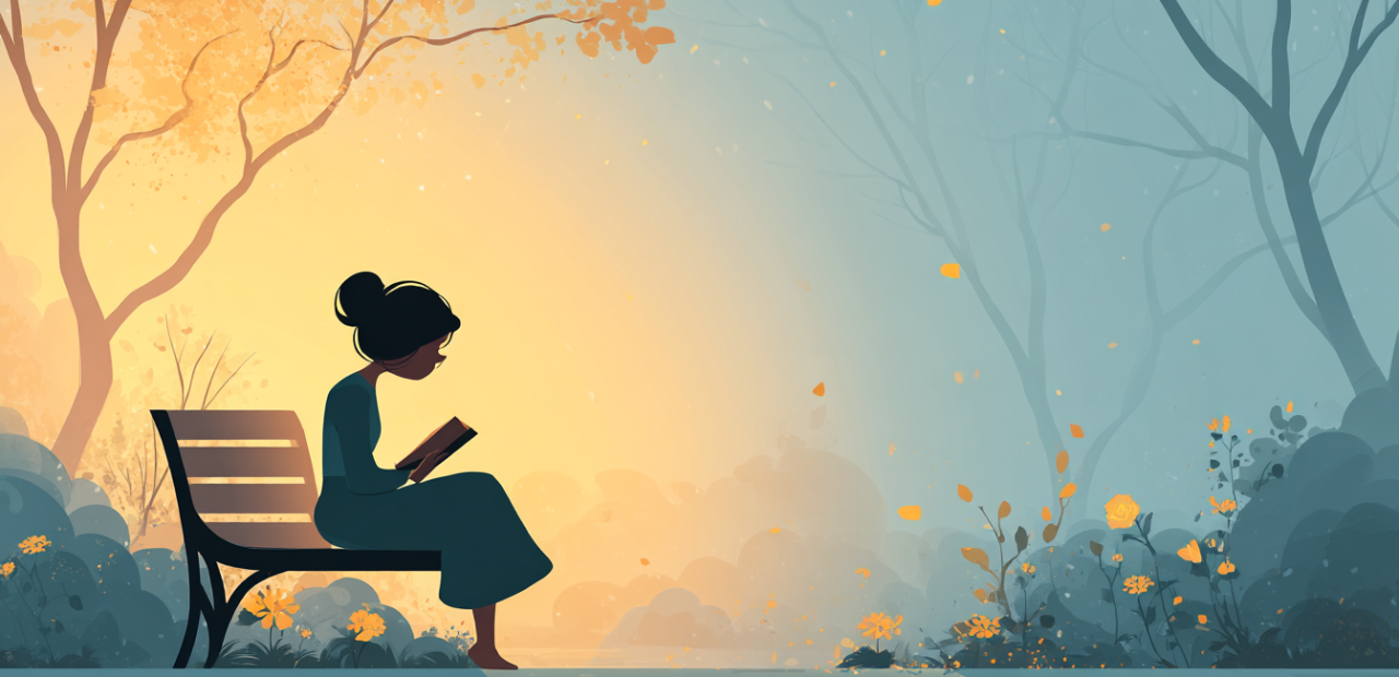 A glowing cartoon-style illustration of a person sitting quietly on a bench at sunrise, holding a letter to their chest, with a soft halo around their head and golden light breaking through morning mist.