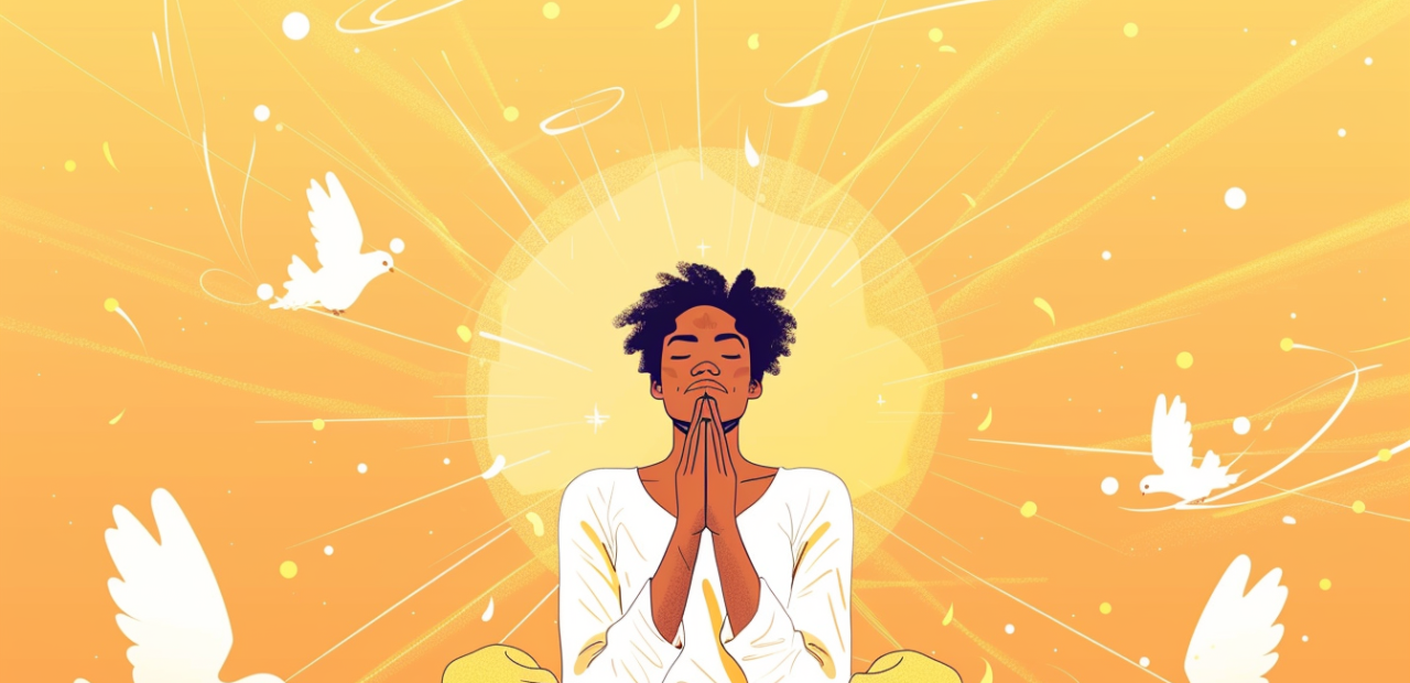 A glowing cartoon-style illustration of a person sitting quietly with hands over their mouth, bathed in golden light with doves nearby and faint whisper symbols fading in the background.