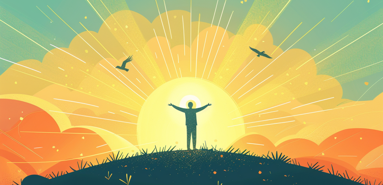 A glowing cartoon-style illustration of a person standing confidently on a sunlit hilltop with a halo above their head, golden light surrounding them, and doves flying overhead.