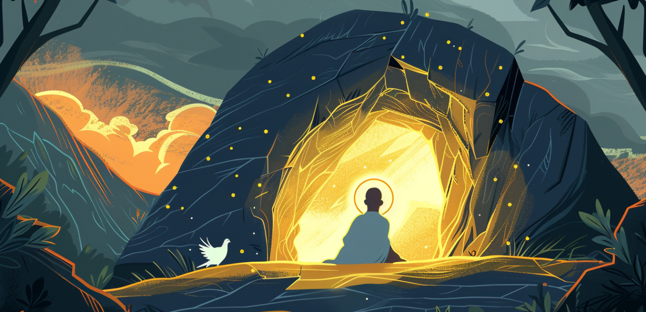 A glowing cartoon-style illustration of a person resting peacefully inside a bright cave-like shelter, with golden light around the entrance and storm clouds in the distance.