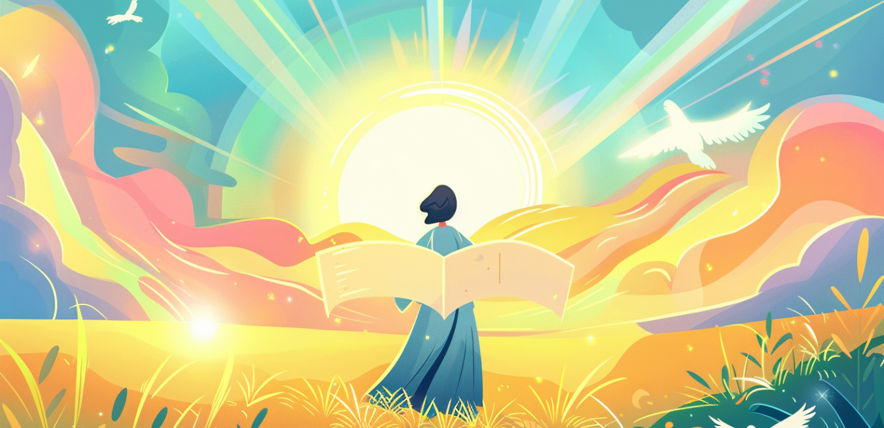 A glowing cartoon-style illustration of a person holding an illuminated scroll in a golden field, with a halo above their head and light beams shining through the sky.